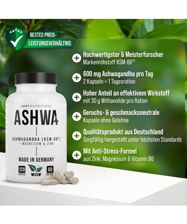 Organic Ashwagandha KSM-66 600mg - Anti-Stress Formula with Zinc Magnesium & B6 - Vegan High Dose 120 Capsules - Made in Germany - Buy Online on GoSupps.com
