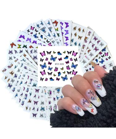 30 Sheets Butterfly Nail Art Stickers for Acrylic Nails Water Transfer Decals for Women Nail Art Design Sticker Manicure Tips Wraps Decorations Kit