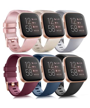 6 Pack Sport Bands Compatible with Fitbit Versa 2 / Fitbit Versa / Versa Lite / Versa SE, Classic Soft Silicone Replacement Wristbands for Fitbit Versa Smart Watch Women Men (6 Pack A, Small) Small Rose gold/Champagne gold/Gray/Wine red/Blue/Black