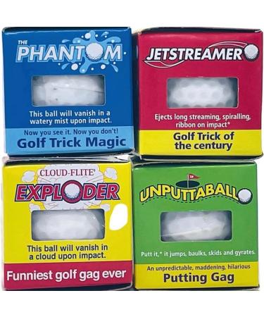 Exploding Golf Balls (4 Pack)  1 burst into a Cloud of White Smoke, 1 Water, 1 streaming Ribbon, 1 jumps & slides when putted - funny Golf Gag Gift