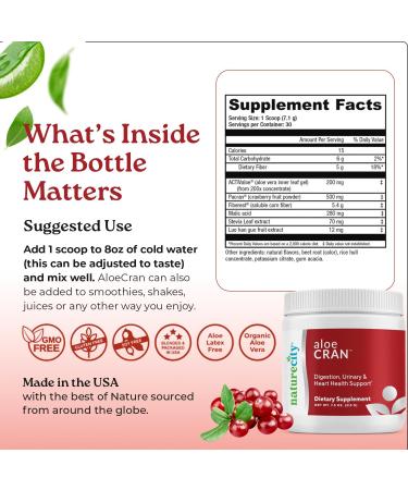 NatureCity AloeCran Sugar Free Drink Mix Supplement | Pure Aloe Vera Cranberry Powder & Dietary Fiber| Unsweetened Cranberry Concentrate | Supports Digestive Urinary & Metabolic Health | 60 Servings 15.03 Ounce (Pack of 1) - Buy Online on GoSupps.com