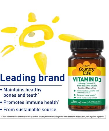 Country Life Vitamin D3 5000 IU Supports Healthy Bones Teeth and Immune System Daily Supplement 60 ct 60 Count (Pack of 1) - Buy Online on GoSupps.com