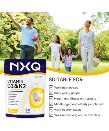 NXQ D3 K2 Vitamin Supplement 300 Softgels 2-in-1 Bone Immune & Heart Support - High Absorption Formula with Naturally Derived D3 & Virgin Coconut Oil - Buy Online on GoSupps.com