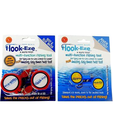 HOOK-EZE Knot Tying Tool Cover Hooks on 4 Fishing Poles - Line Cutter - 2 Sizes Saltwater Freshwater Bass Kayak Ice Fishing Red, Blue