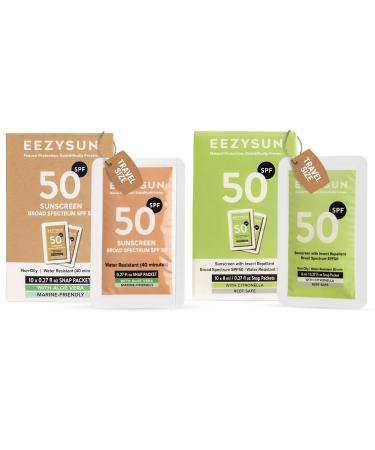 EEZYSUN Mineral SPF 50 Travel Sunscreen & Insect Repellent Snap Packets | Aloe Vera Citronella Lemongrass & Neem Oil | Vegan Reef-Safe Non-Oily Broad Spectrum UVA/UVB | 10 Pack (0.27 fl oz each)