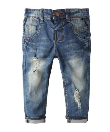 KIDSCOOL SPACE Baby Girl Boy Slim Jeans Little Kid Elastic Band Inside Ripped Denim Pants 3-4 Years Slim Blue-2091