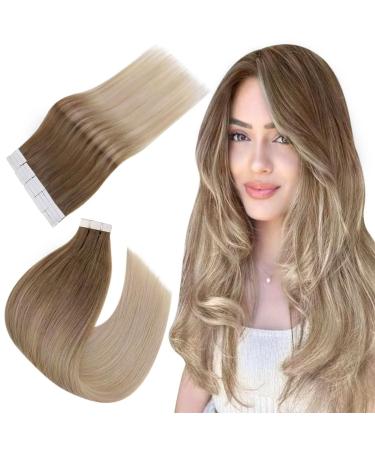 Easyouth Tape Hair Extensions Balayage Real Hair Tape in Extensions 24 Inch 50g 20Pcs Glue in Hair Extensions Brown to Blonde Tape in Ombre Hair 24 Inch #8/60/18