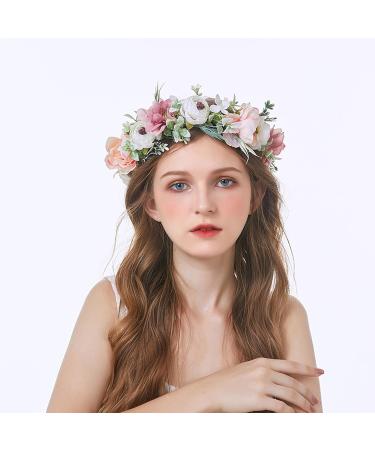 AWOCAN Women Flower Crown Headband Flower Headpiece Floral Crown Wedding Bridal Hair Garland Adjustable Flower Hair Wreath Crown for Women (WHITE+PINK-A) - Buy Online on GoSupps.com