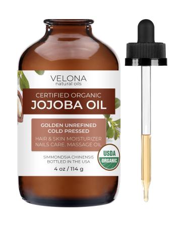 Velona Jojoba Oil USDA Certified Organic - 4 oz (With Dropper) | Golden  Unrefined  Cold Pressed | For Face Hair Body Skin Care  Stretch Marks  Cuticles | Moisturizing Natural Carrier Oil Hexane Free