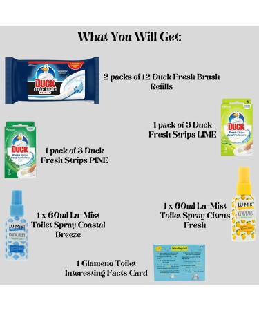 Toilet Cleaning Bundle with Toilet Duck Fresh Brush Refills (2 packs of 12 pads) Duck Toilet Strips (3 Pine and 3 Lime) 2 x 60ml Lu-Mist Poo Spray For Toilet and Glameno Interesting Facts Card - Buy Online on GoSupps.com