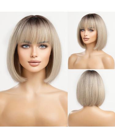 HAIRCUBE Long Straight Wigs for Women Synthetic Hair Wig with Neat Fringe for Daily Use or Cosplay (Bleach Blonde)