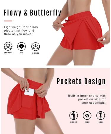 Flowy 2-in-1 Butterfly Athletic Shorts for Women | Red | Large with Pockets - Buy Online on GoSupps.com