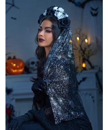 IYOU Spider Halloween Veil Headband Black Flower Hair Bands Skull Floral Headpiece Festival Party Hair Accessories for Women Black-white - Buy Online on GoSupps.com