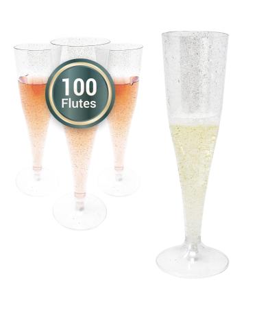 Reli. (100 Bulk Pack Silver Glitter Plastic Champagne Flutes 4.5 Oz | Clear Plastic Champagne Glasses/Flutes | Disposable, BPA-Free, Shatterproof | Perfect for Mimosa, Wedding, Party Toasting