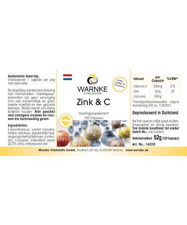 Zinc and vitamin C 300 mg - vitamin C - 5 mg zinc - 100 capsules - Vegetarian | Warnke Vitalstoffe - Quality from German pharmacies - Buy Online on GoSupps.com