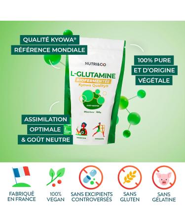 NUTRI & CO Kyowa Bio-Fermented L-Glutamine Powder - Vegetable & 100% Pure 5000mg - Amino Acid Bodybuilding & Recovery - 150g Neutral Flavor - Vegan - Made in France - Buy Online on GoSupps.com