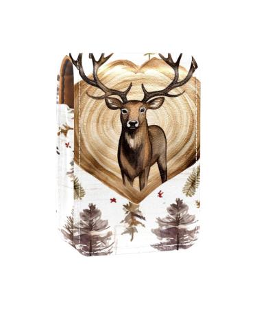 Lipstick Case Leather Lip Gloss Lipstick Organizer with Mirror Mini Lipstick Holder Bag Deer Vintage Wood Moose I466u9vpnf
