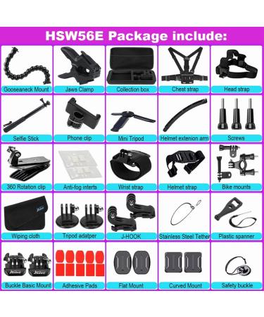 Husiway Accessory Bundle for GoPro Hero 11-2 AKASO Cameras | Compatible with Go Pro Max, Fusion, Insta360 ONE X, DJI Osmo Action | 56E (HSW56E) - Buy Online on GoSupps.com