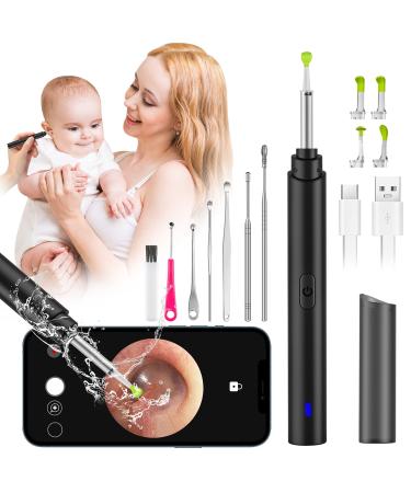 Ear Wax Removal Tool Camera, Smart Visual Ear Cleaner, 1296P FHD Wireless Ear Otoscope with 6 LED Lights, IP67 Waterproof WiFi Ear Cleaning Kit, Ear Camera for iPhone, iPad, Android Smart Phone, Black