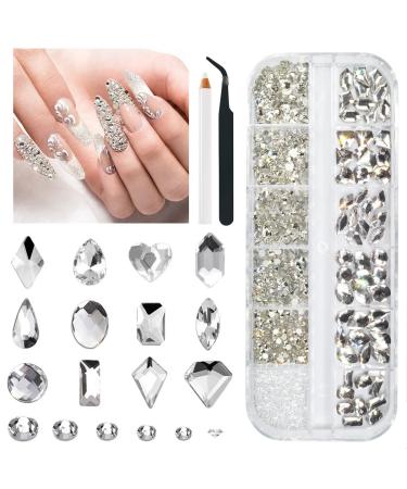 1300Pcs Crystal White Nail Art Rhinestones Crystal Clear Nail Charms 60 Multi Shapes Crystal Flatback Rhinestones Big Gems +1240 Round Beads K9 Glass Stones Diamonds jewels for Nails Faces Eyes Makeup A Set Crystal