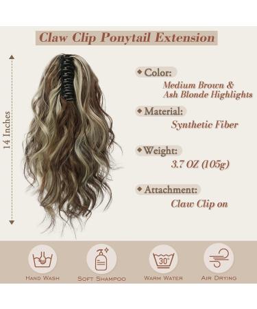 BARSDAR 14'' Short Wavy Ponytail Extension - Medium Brown & Ash Blonde Highlights | Synthetic Claw Clip Curly Hairpiece for Daily & Party Wear - Buy Online on GoSupps.com