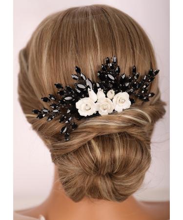 Kercisbeauty Vintage Black Crystal Beads White Rose Flower Hair Comb for Wedding Brides Women Girls Prom Hair Accessories Jewelry