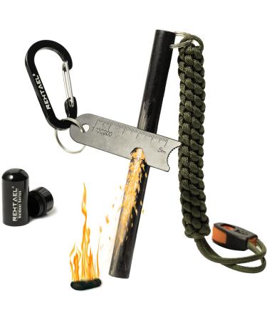Flint and Steel Fire Starter Kit for Camping/Hiking- 6 x 1/2 Inch Ferro Rod Fire Starter Survival Tool with Striker/TinderQuik/Paracord/Whistle- All-in-one Magnesium Fire Starter- Ignition System Army Green