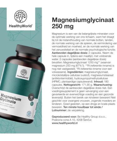 Be Healthy Group doo Magnesium Glycinate 250 mg 180 Vegetable Capsules For more Energy and Muscle Support Training Fitness and Immune System 125 mg Magnesium per capsule 3month supply - Buy Online on GoSupps.com