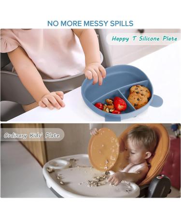 Happy T Baby Silicone Suction Plate with Lid | Toddler Self Feeding Plate | 3 Compartment Divided Dishes | Microwave & Dishwasher Safe | Non-Slip | Unbreakable | Blue - Buy Online on GoSupps.com