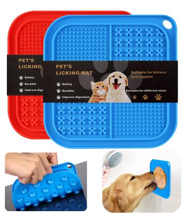 Slow Feeder Mat for Dogs,Dog Food Licking Mat with Suction Cups,Slow Feeder Dog Bowls for Boredom& Anxiety Reducer,Lick Pad for Dog & Cat Slow Feeders,Help Pets for Bathing,Nail Trimming,Grooming blue and red(with 2 hooks)