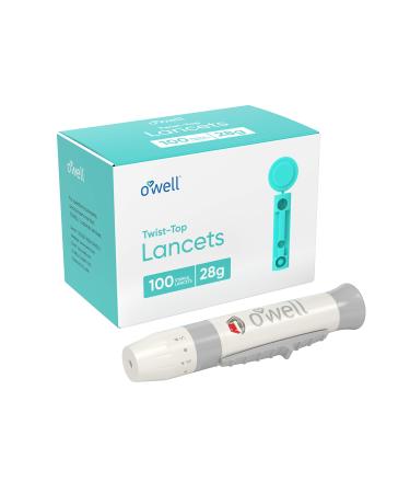 O'WELL Lancing Device Kit + 100 O'WELL Sterile Twist Top Lancets  28 Gauge (for Regular-Thicker Skin)