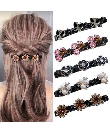 5 PCS Easily Braided Hair Clips Hair Bands with Rhinestones for Women Girls Shiny Sparkling Crystal Stone Braided Hair Clips Triple Hairpin Duckbill Clip with 3 Small Clips
