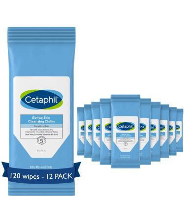 Cetaphil Face and Body Wipes Gentle Skin Cleansing Cloths 10 Count Pack of 12 for Dry Sensitive Skin Flip Top Closure Great for the Gym Travel in the Car Hypoallergenic Fragrance Free