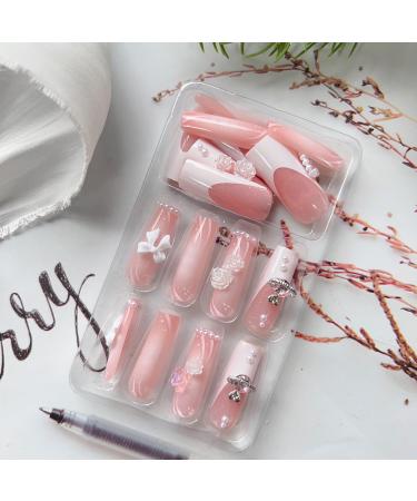 24 Pcs Long Square Press on Nails - French Tip Fake Nails with 3D Rhinestone - Sweet Pink Full Cover Acrylic Nail Tips for Women & Men - Stunning Manicure Decorations - Buy Online on GoSupps.com