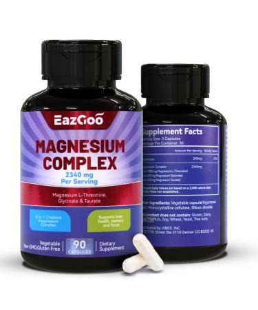 EAZGOO Magnesium Supplement - Chelated Magnesium Complex 2340mg - L-Threonine Glycinate & Taurate - Supports Relaxation & Brain Health 180 Veggie Magnesium Capsules
