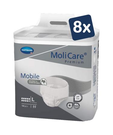 Molicare Premium Mobile disposable pants: discrete use in incontinence for women and men 10 drops sizeL (100-150 cm hip circumference) 8x14 pieces L (112 pieces)