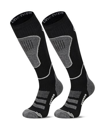 Merino Wool Ski Socks 2 Pairs, Thermal Knee High Warm Socks for Snowboarding, Hiking, Cold Weather, Snow, Hunting 2 Pairs-2 Black Large