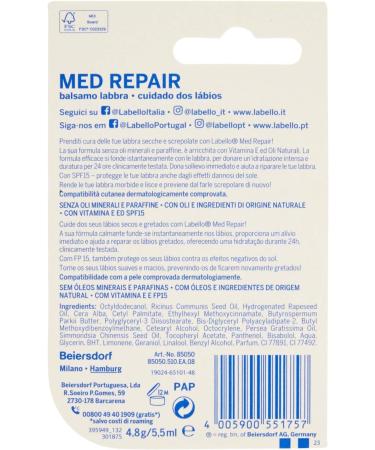  Labello Labello Med Repair 5.50 ml Burrocacao moisturizing and melting lip balm repairing lip balm with vitamin E and natural oils Burrocacao sun protection SPF 15 - Buy Online on GoSupps.com