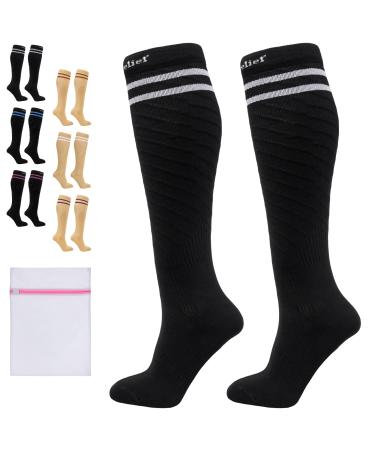 360 RELIEF - Flight Compression Socks Supports | Blood Circulation Travel Work XXL 2Pairs-Black with 2 White lines