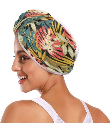 Tropical Leaves Dry Hair Cap & Quick Drying Towel Set - Super Absorbent Soft Comfortable | 2-Piece with Button Headband - Buy Online on GoSupps.com