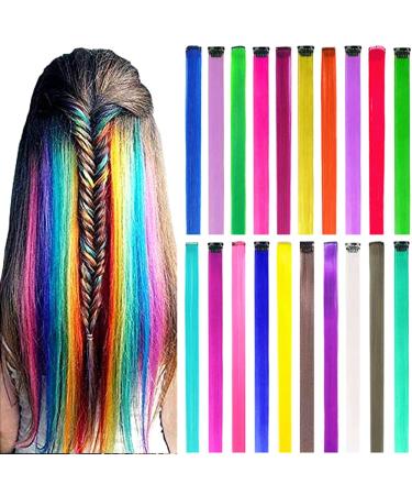 Colorfulpanda 20 pieces Colored hair extension clips in rainbow colorful hair strands smooth straight synthetic hair part for women girls children princess party festival decoration multicolored