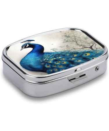 Blue Peacock Print Pill Box - 2 Compartment Decorative Metal Pill Organizer for Travel - Portable Medicine Case - Buy Online on GoSupps.com