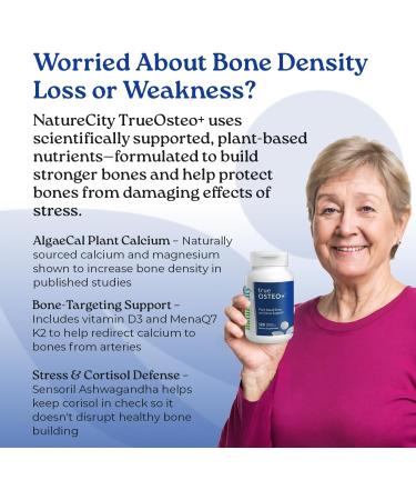 NatureCity True-Osteo Bone Support Supplement Plant-Based Formula with AlgaeCal Calcium Magnesium Vitamin D3 K2 & Silicon | Gentle on Stomach (120 Veggie Capsules) 120 Count (Pack of 1) TrueOsteo Plus- Pack 1 - Buy Online on GoSupps.com