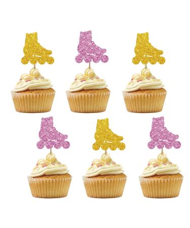 Set of 24 Roller Skates Cupcake Toppers for Boy Girl Birthday Gold & Pink Glitter Roller Skate Sign Cupcake Toppers Cake Decorations for 80s 90s Retro Hip Hop Skating Party Supplies