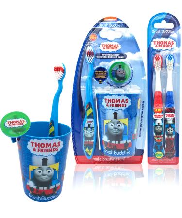 Premium Kids Girls Boys Children Friendly Designed Disney Happy Brushing Time Thomas and Friends Soft Bristle Toothbrush Kit  Manual Toothbrush  Cover Cap  Rinsing Cup  Extra Brushes