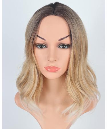 SYMEIW Ombre Blonde Bob Wig for Women - 14 Inch Synthetic Middle Part Party Cosplay Costume Wig with Brown Roots - Buy Online on GoSupps.com