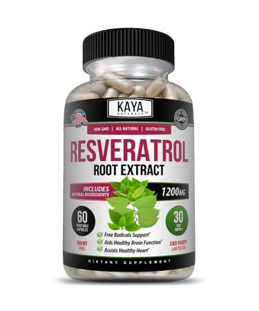Kaya Naturals - Resveratrol Capsules - Anti Aging Supplement - Antioxidants with Brain Support - Maximum Benefits - 60 Veggies Capsules 60 Count (Pack of 1)