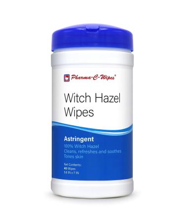 100% Witch Hazel Wipes (1 Canister, 40 Wipes) Toner & Astringent Cleansing Cloths 40 Count (Pack of 1)