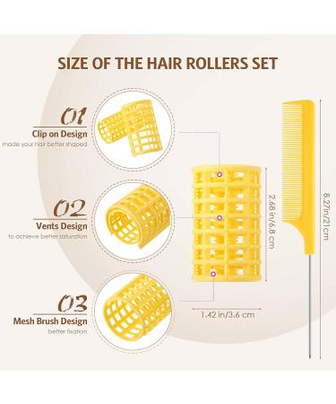 12-Piece Hair Roller Set with Rat Tail Comb - Large Plastic Hair Curlers for Hairdressing Styling Tools - Yellow (6.8 x 3.6 cm) - Pack of 12 - Buy Online on GoSupps.com