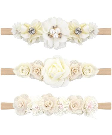 Lusofie 3Pcs Baby Flower Headband Floral Infant Elastic Hair Band Bows Wraps for Newborn Toddler Hair Accessories 3Pcs Flower Style-01